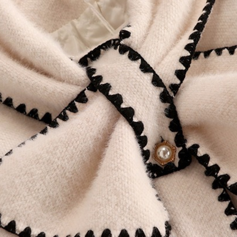 High Quality Women White Bow Mink Jackets Coat For Female Slim Patchwork Pocket Outerwear Ladies Wool Short Coat Winter Clothes