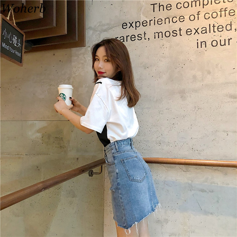 Summer T Shirt Women Striped Patchwork Contrast Tee Tops O-Neck Tshirts Korean Kawaii Short Sleeve Rops Femme 210519