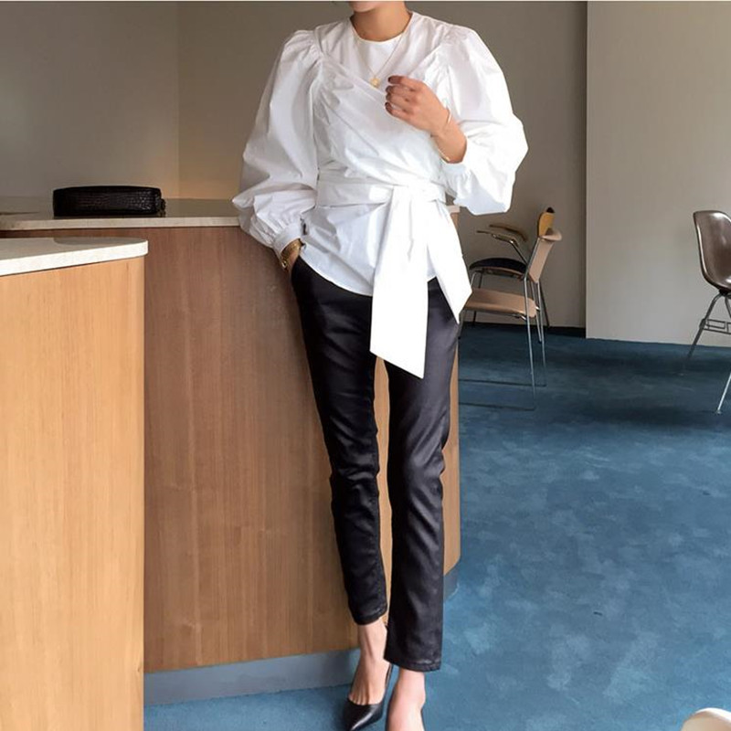 Elegant Womens Tops OL White Shirt Women Puff Sleeve Solid Korean Style Formal Blouse Shirts Office Lady 210421
