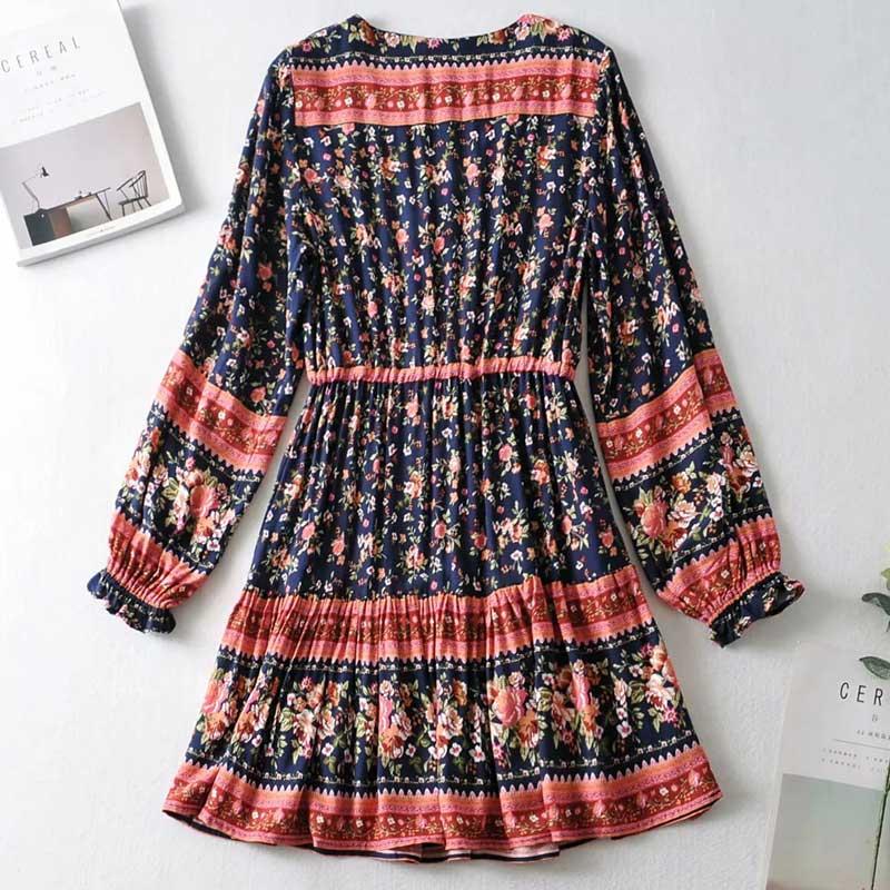 GypsyLady Boho Floral Print Mini Dress Holiday Vintage Dresses Women Autumn Button Front Chic Ladies Spring Casual