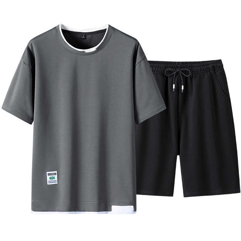 Men Solid Color Tracksuit Set T-shirt+Shorts Summer Fashion Clothing Men 2 Piece Set Men Suits Short Sleeve Short Set Summer 210603