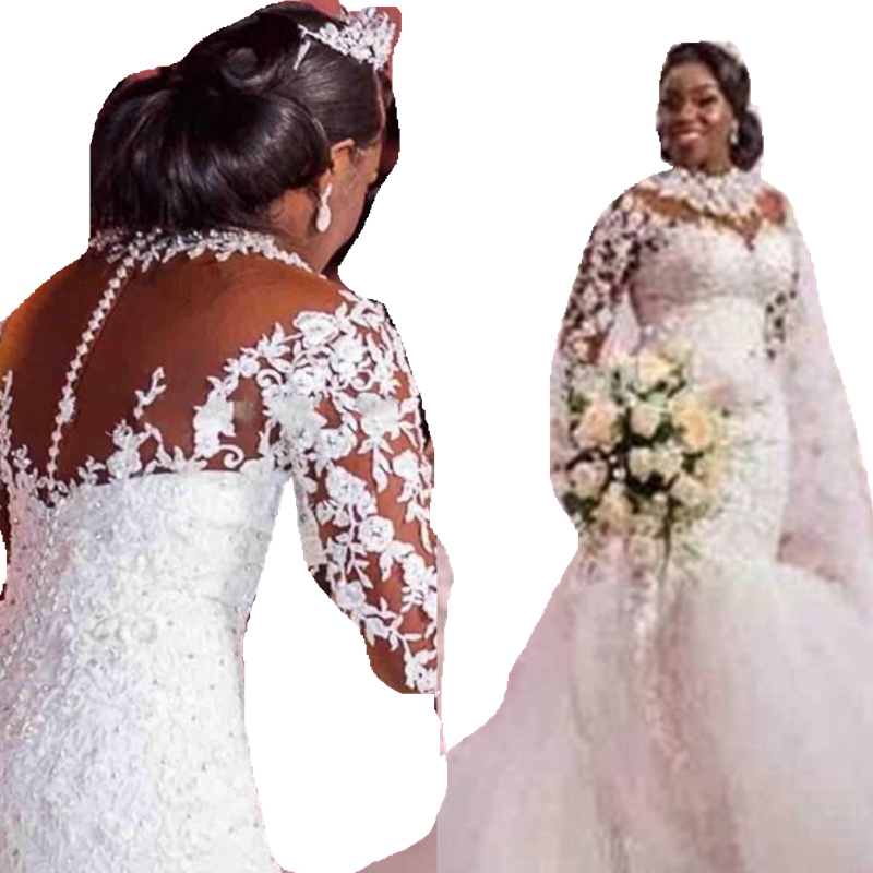 Vintage African Lace Mermaid Wedding Dress Crystals Beaded Appliques Tulle Long Sleeve Formal Bridal Gowns Buttons Sheer Back Long Train Bride Dresses
