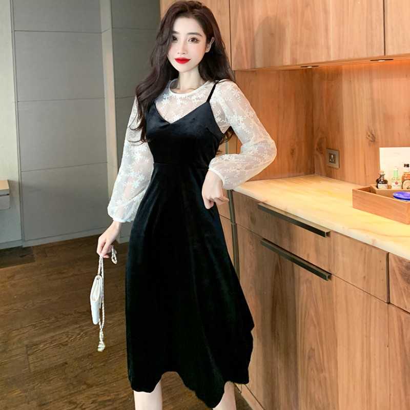 Autumn Fashion 2 Piece Set Women White Embroidery Mesh Shirt Top + Black Velvet Spaghetti Strap Midi Dress Suits 210526, Photo color
Autumn Fashion 2 Piece Set Women White Embroidery Mesh Shirt Top + Black Velvet Spaghetti Strap Midi Dress Suits 210526, Photo color