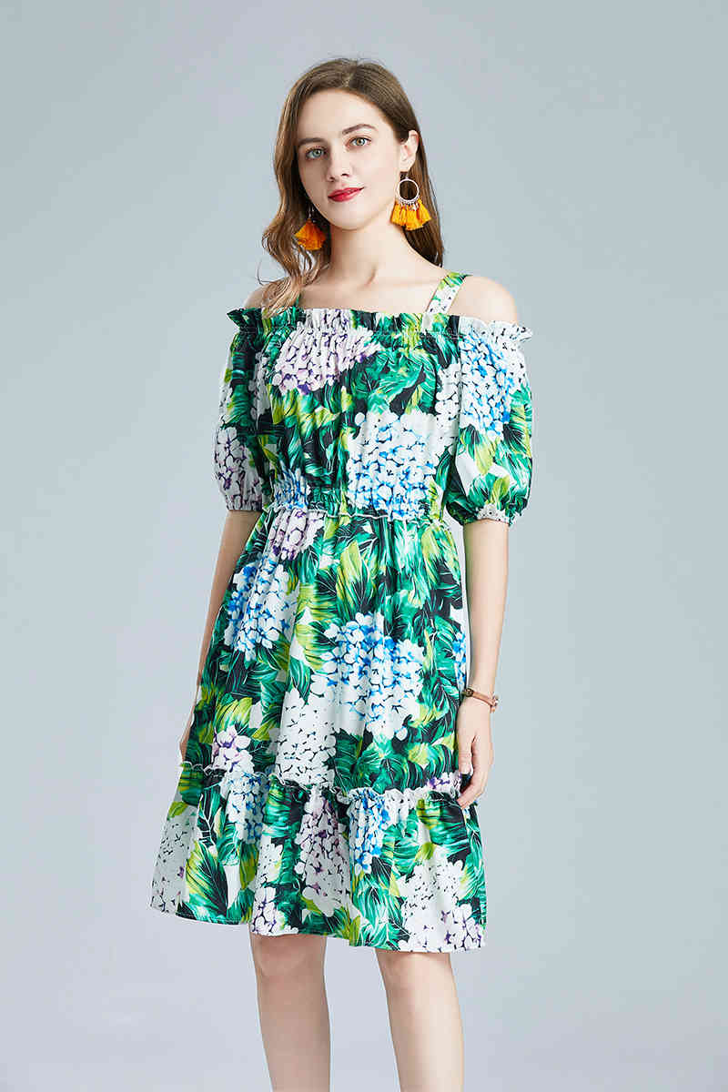 est Floral Print Knee-length Vacation Dress Sexy Off shoulder Puff sleeve Elastic waist A-line Hydrangea Green 210525