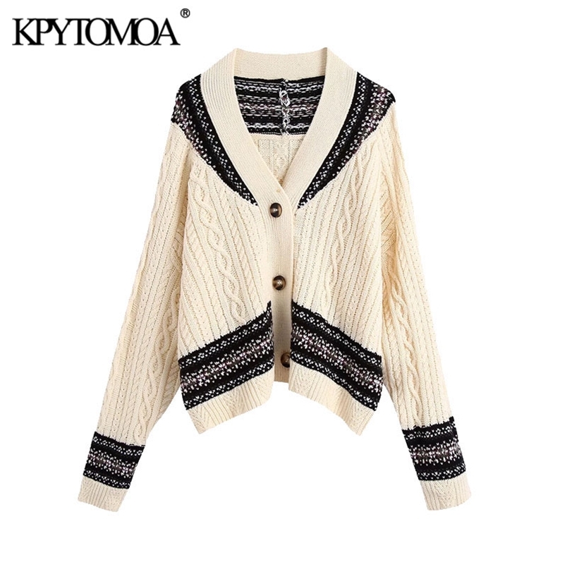 Women Fashion Oversized Jacquard Cable-knit Sweater V Neck Long Sleeve Female Pullovers Chic Tops 210420