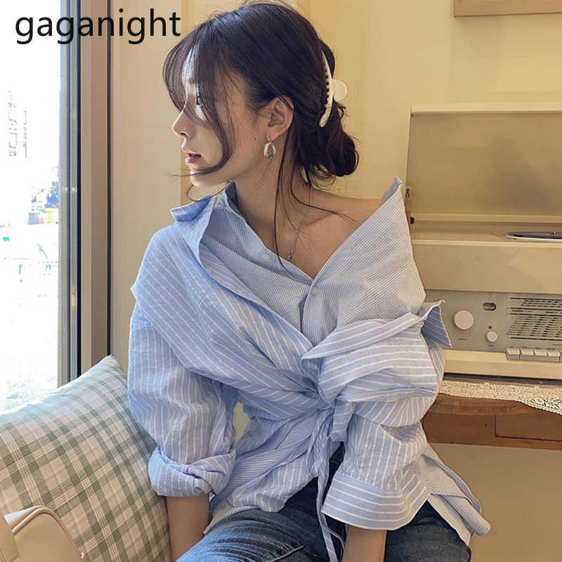 Spring Solid Blue Striped Shirt Casual Women Button Irregular Lace Up Long Sleeve Blouse Tops Female Lapel Blusas 210601