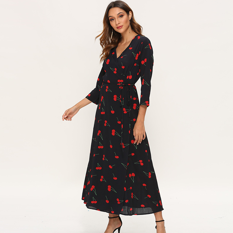 Elegant Dresses Women Three Quarter Sleeve Cherry Print Long Boho High Split V Neck Sexy Casual Maxi Vestidos Largos 210515