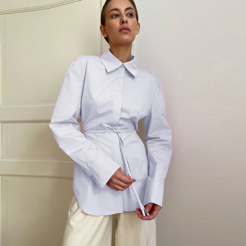 Free Blouse Women Long Sleeve Hollow Out Lace up Shirts Casual Fashion Sexy Turn-down Collar Front Button Solid Top 210524