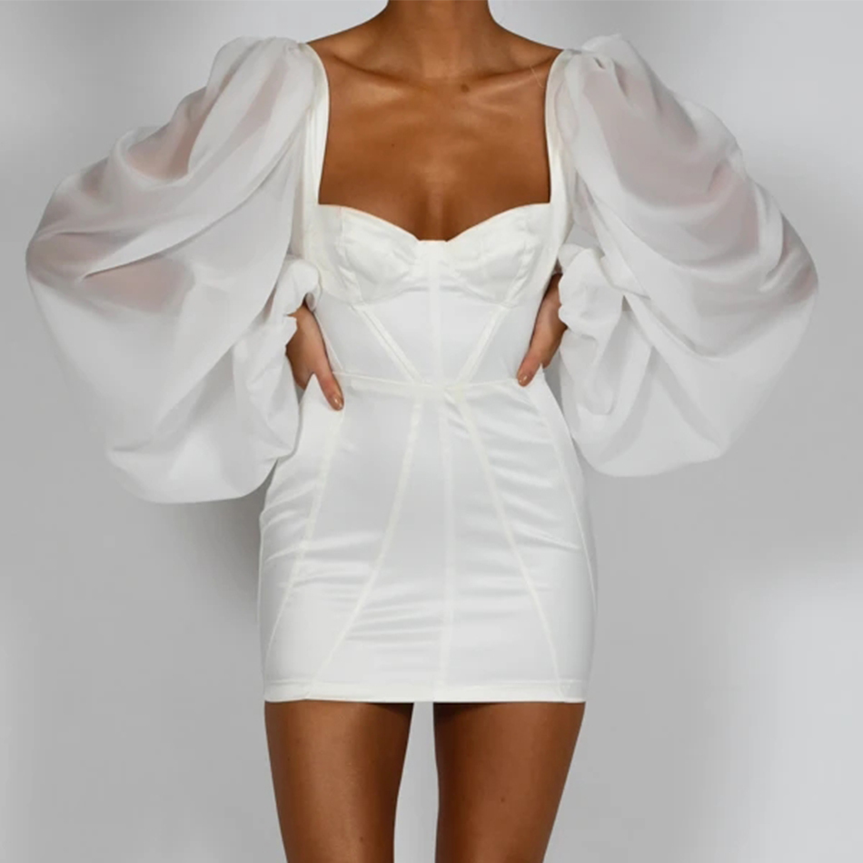 Summer Fashion White Long Sleeve Mini Dress Sexy Lace Strapless Women Club Celebrity Runway Party Dresses Vestido 210423