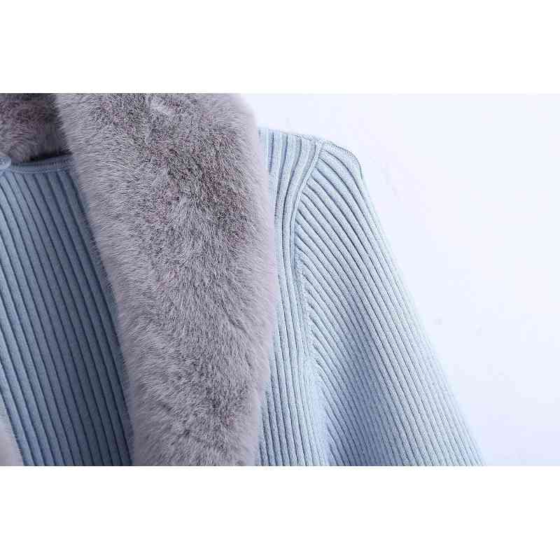 Fashion Fur Collar Women Coats Autumn Patchwork Ladies Knitwears Blue Casual Female Sweaters Bow Sashes Girls Chic 210430