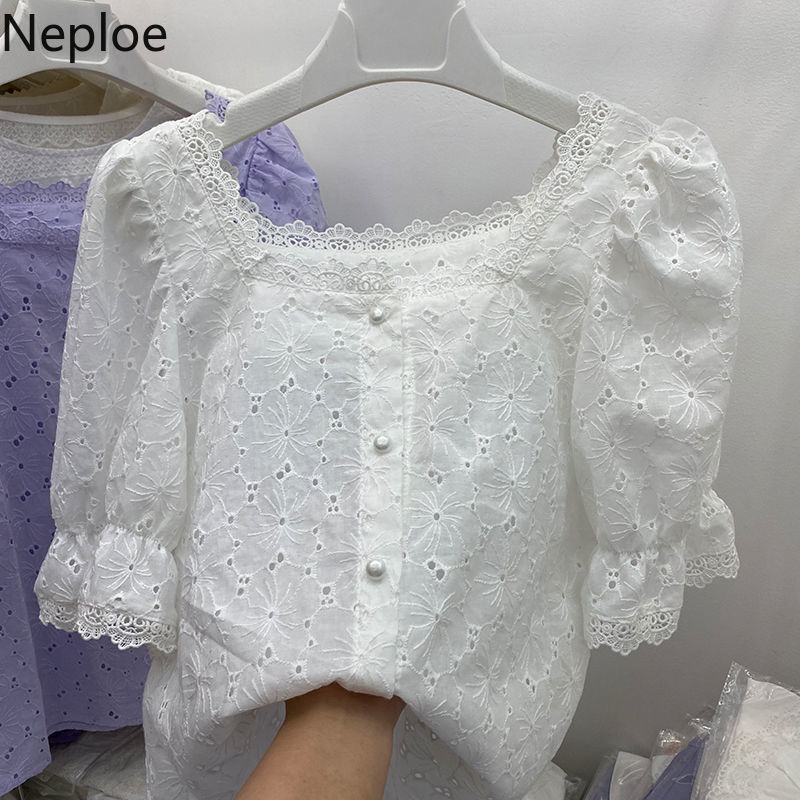 Neploe Women Blouse Embroidery Lace Square Collar Pearl Button Shirt Summer Vintage Tops Hollow Out Casual White Blusas Mujer 210422