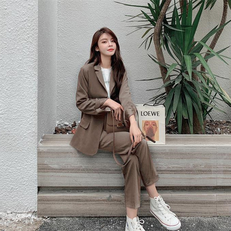 Autumn Women Blazer Pants Suit OL Elegant Work Wear Casual Long Sleeve Blazers + Suits 2 Piece Sets 210421