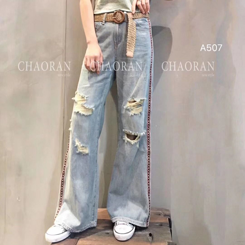 Spring Korea Fashion Women High Waist Ripped Jeans Cotton Denim Wide Leg Pants Slim Ladies Free Belt Plus Size S665 210512