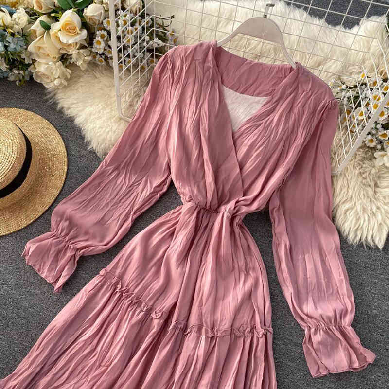 Pink Party Dress Women Spring Summer Elegant Long Sleeve V-neck Folds Chiffon Dress High Waist Vintage Solid Midi Dresses 210521