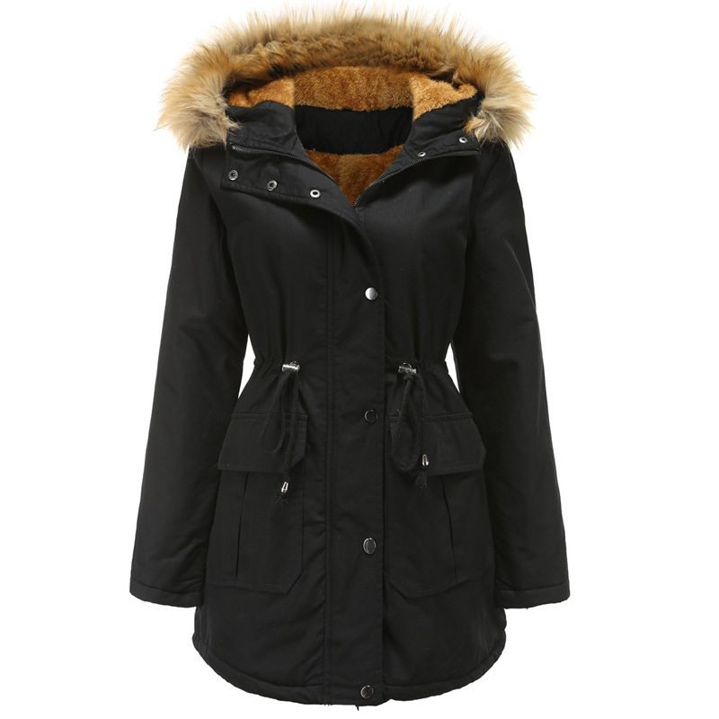 Ladies Cotton Liner Parker Parka Fashion Fur Hat Winter Jacket Women Medium Long Causal Solid Hooded Parka Coat 210515