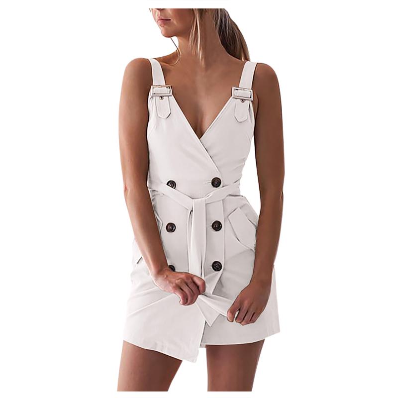 Casual Dresses Fashion Summer Dress Women's Sleeveless Camisole Mini Soild V-neck Button Frenulum Vestidos Mujer Verano