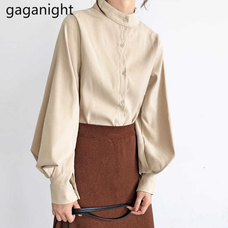 Korean Fashion Top Women Stand Long Lantern Sleeve Shirts Single Row Multi Button Black Ladies Blouse Spring 210601