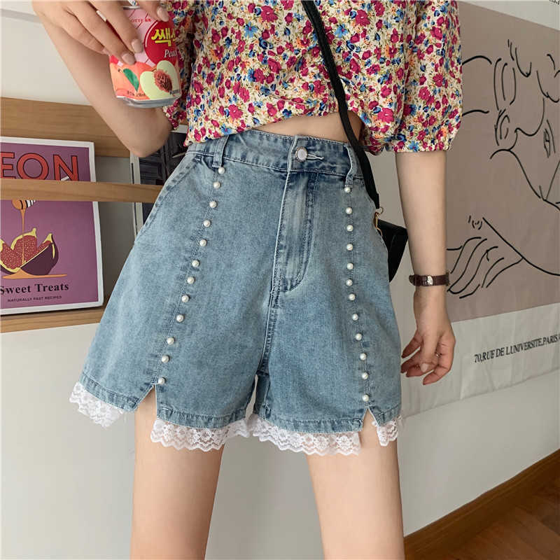 Korean Beads Women Demin Short Lace Ruffle Patchwork Sweet Elegant Bottoms Summer Jenas Feminimos 6G290 210603