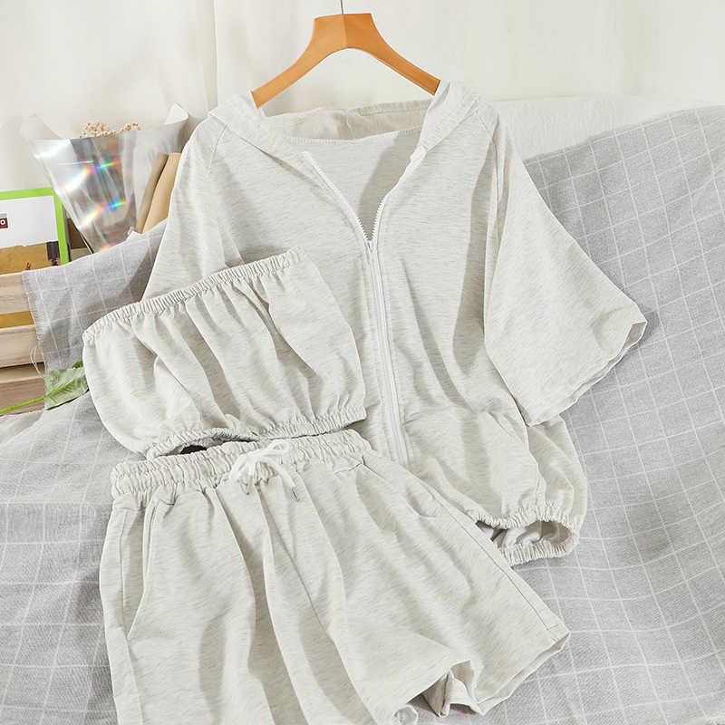 DEAT Women Hooded Collar Sweater Drawstring Shorts Arrivals Two Piece Set Fashion Temperament Spring Summer 11D841 210709