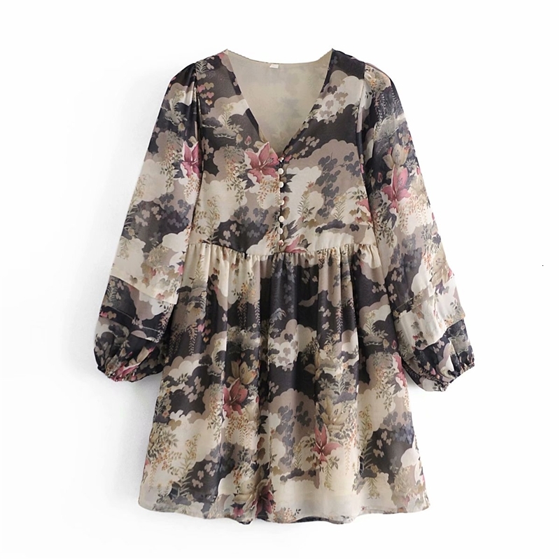 T-shirt Femme Elégante Femmes V-Col V-Col Bouton Robes Mode Mousseline de mousseline de mousseline Vestine Vestine Chic Chinois Style Chinois Flo