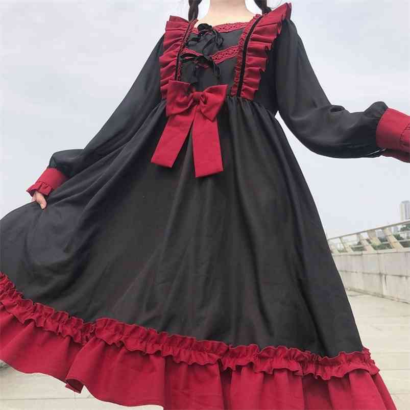 Japanese Harajuku Gothic Bandage Bow Splice Dress Sweet Lolita Girl Cosplay Kawaii Ruffle Party 210623