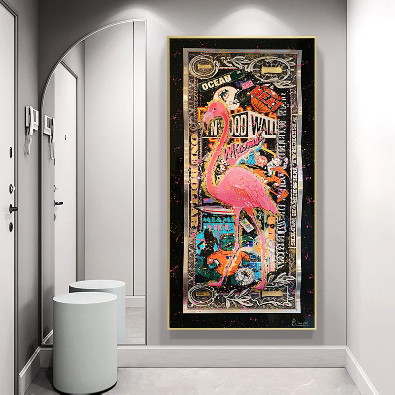 Graffiti Flamingo On Golden Dollar Abstract Art Prints Money Pictures On Canvas Wall Painting For Living Room Home Decor Posters