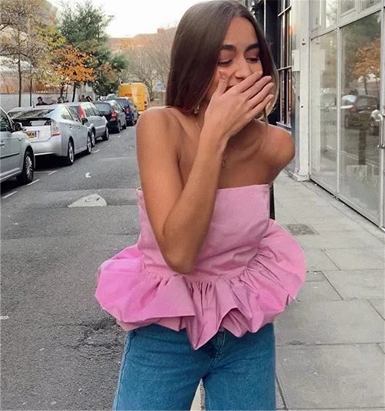 Foridol Off shoulder ruffle sleeveless crop top beach party club sey camis Cool women chic street casul tops pink autumn winter 210415
