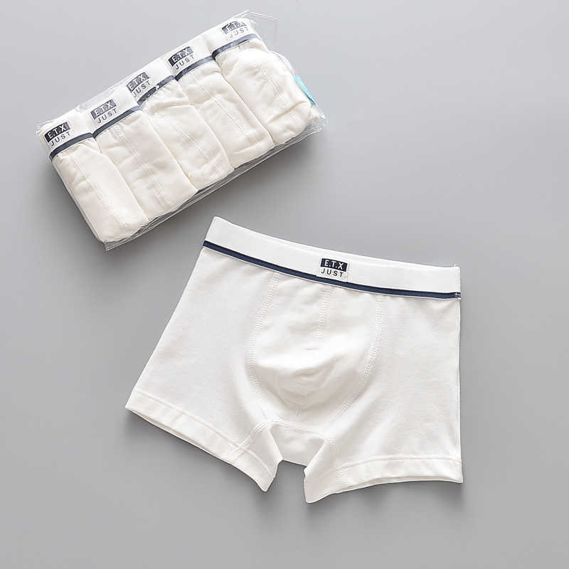 5pcs/pack Boys Underwear Pure White Color Short Boxers Teenage School Panties Breathable Underpants for Kids Child Clothes 210622