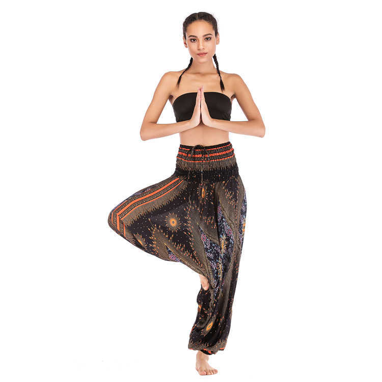 Bohemia National Print Elastici Waist Big Crotch Pants Female Loose Casual High Harem Thail Ladies Dance Baggy 210604