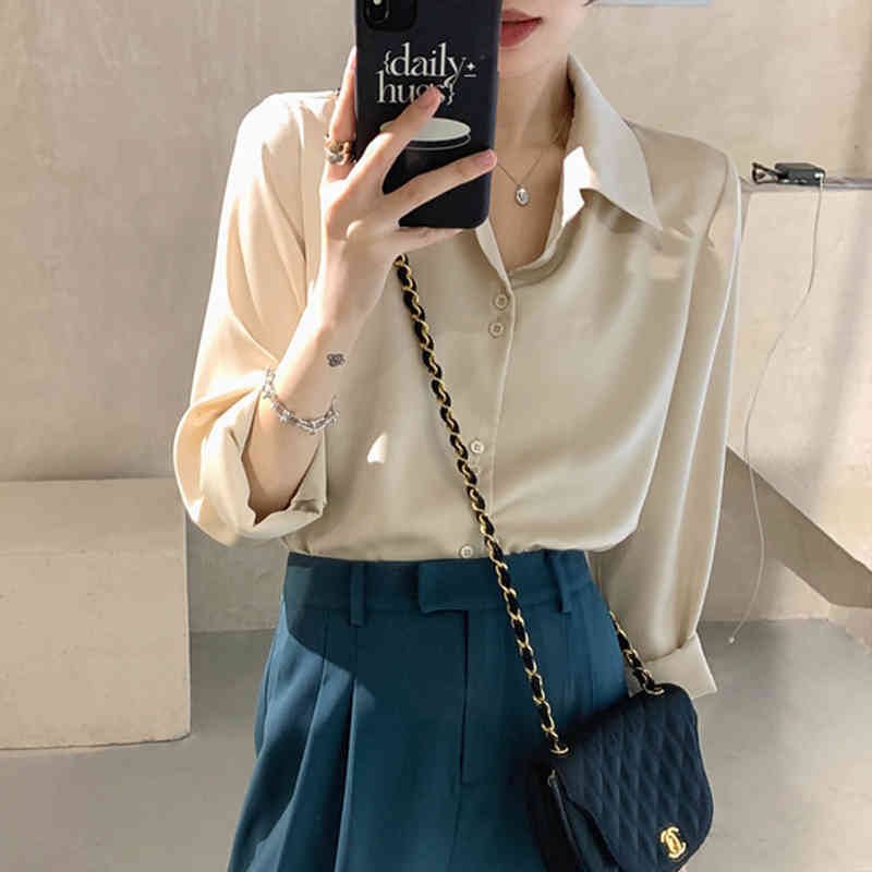 French Fashion Vintage Blouse Silk Satin Shirts Long Sleeve Women Ladies Tops Solid 4 Colors Lapel Women's 11045 210427