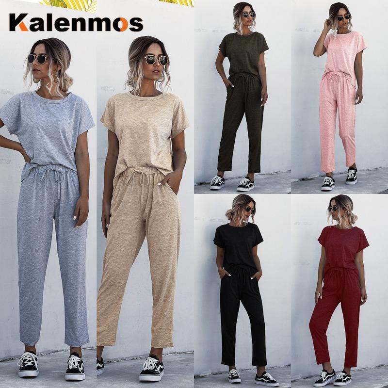 Tracksuits Women Sets 2 Piece Summer Sports Jogger Solid Short Sleeve Sweatshirt Homewear Trousers Plus Size Sleepwear Two Dress