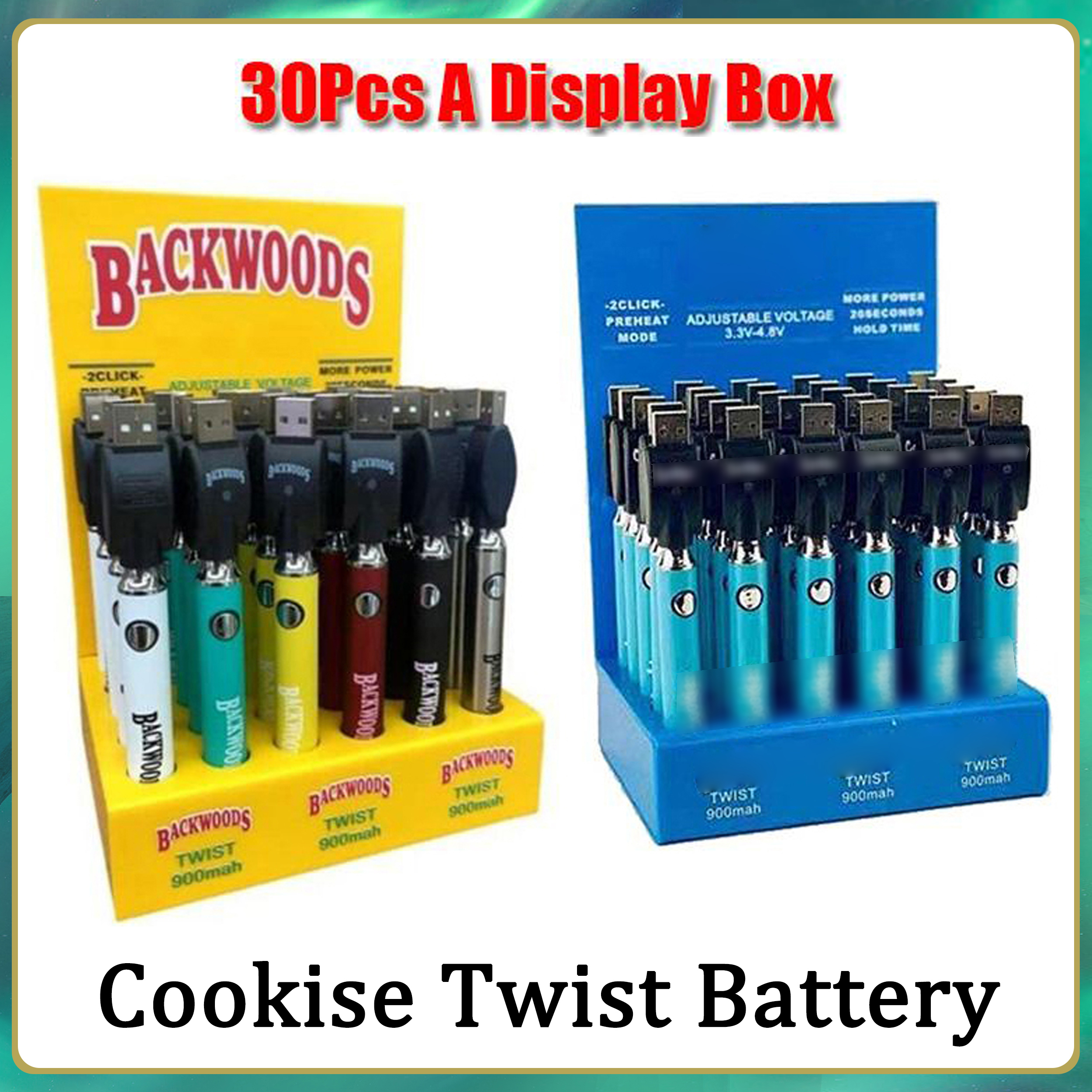 Cookies Backwoods Twist Preheat VV Battery 900mAh Bottom Voltage Adjustable Usb Charger Vape Pen For 510 Cartridges 30Pcs A Display Box Jar
Cookies Backwoods Twist Preheat VV Battery 900mAh Bottom Voltage Adjustable Usb Charger Vape Pen For 510 Cartridges 30Pcs A Display Box Jar