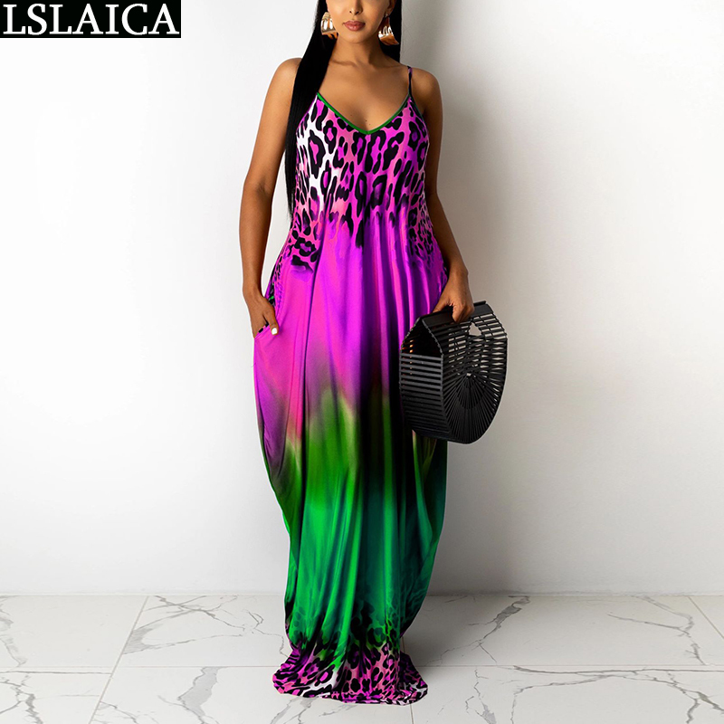 Drop Sundresses Women Sleeveless Tie Dye Leopard Print Sexy Long Dresses for Plus Size Fashion Sling Dress Summer 210515