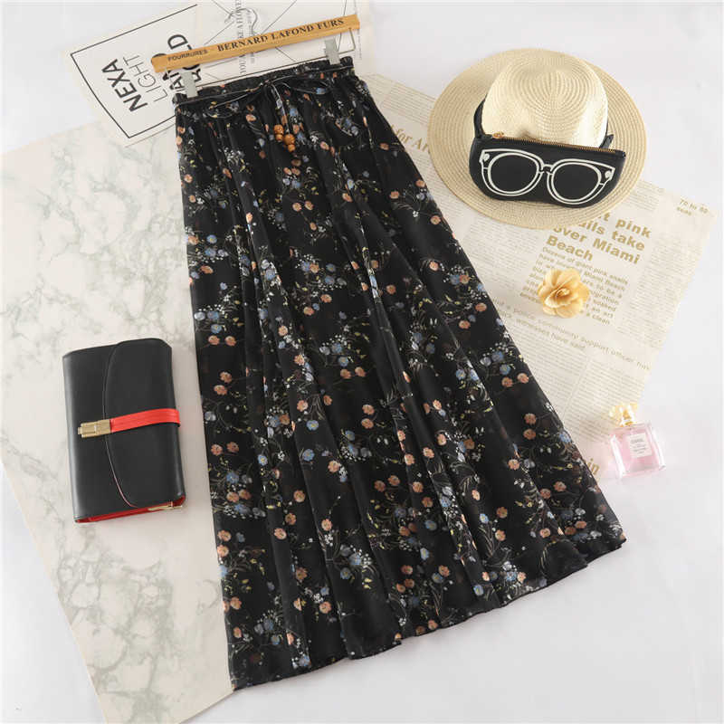 TIGENA Floral Print Long Maxi Skirt Women Fashion Summer High Waist Pleated Female Boho Holiday Chiffon Sun 210621