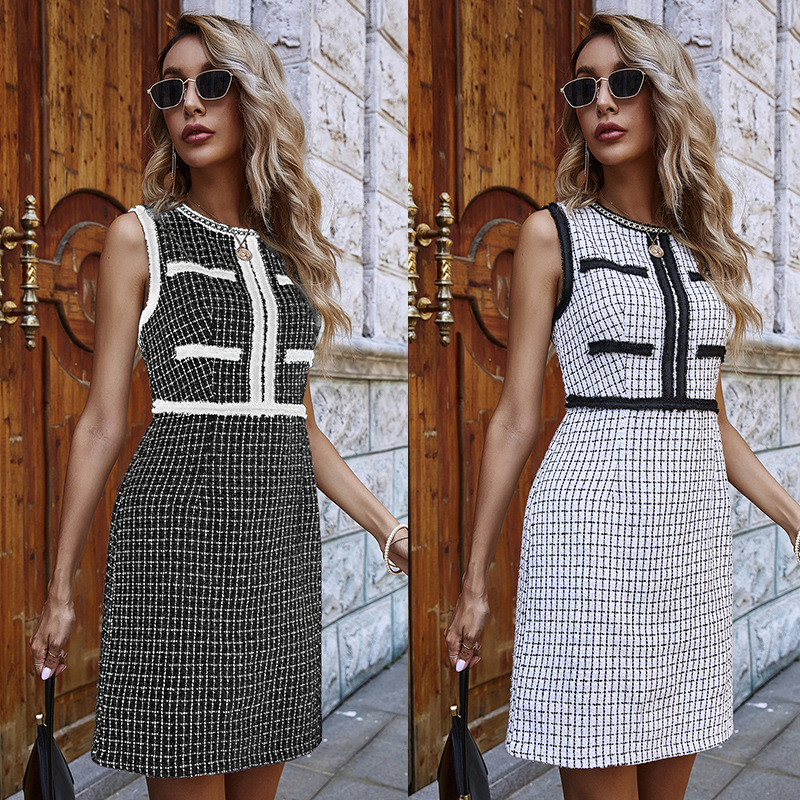 2021 Automne et hiver Dames Robe Fashion All-Match Petit parfum Sans manches Plaid Urban Casual