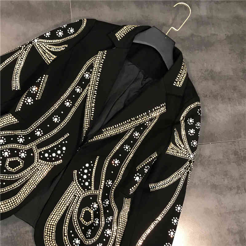 Black Casual Print Jackets For Women Lapel Collar Long Sleeve Hit Color Diamonds Coats Female Fashion 210524