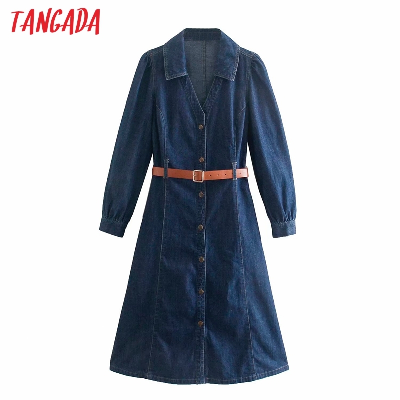 Fashion Women Blue Denim Shirt with Belt Long Sleeve Office Ladies Midi Dress 4M08 210416