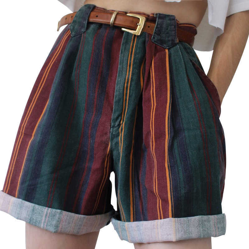 Spring Loose Short Pants With Pocket Women Clothes Streetwear Short Summer Vintage Striped High Street Colorful Shorts 210611