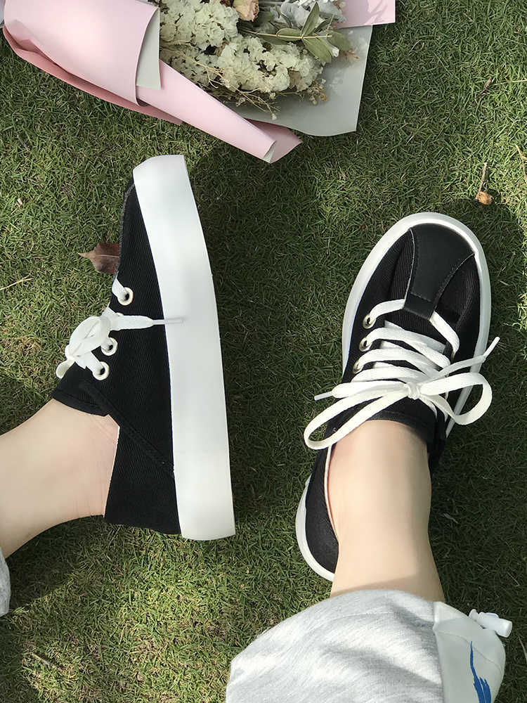Chic Korean Hong Kong Style Casual Board Shoes Small Canvas Shoes Women's Summer 2021 New Student Flat Bottom Small Black Shoes Y0907