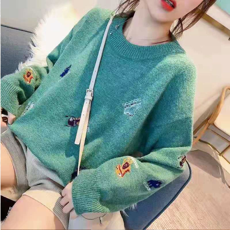 Autumn and Winter Fashion Women Sweaters Loose Pullovers Embroidery Sweater Long Sleeve O-neck Knitted Sweater 6028 50 210518