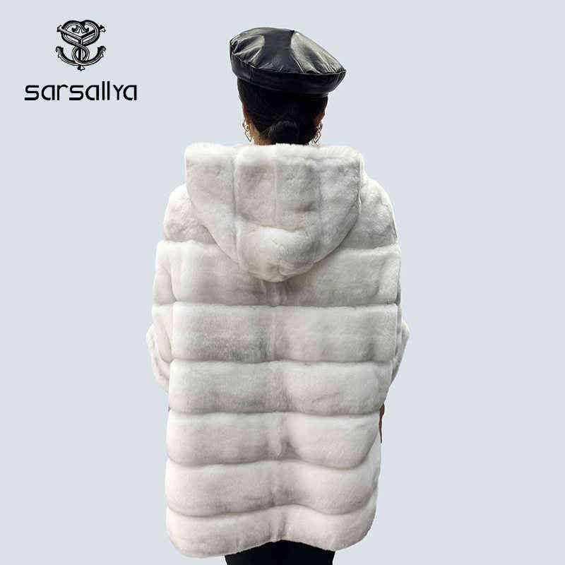 Real Rex Rabbit Natural Fur Coat Female Hoodies Zipper Poncho Jackets Winter Clothes Woman Fluffy Fur Warm Fashion Coat Big Size 211123