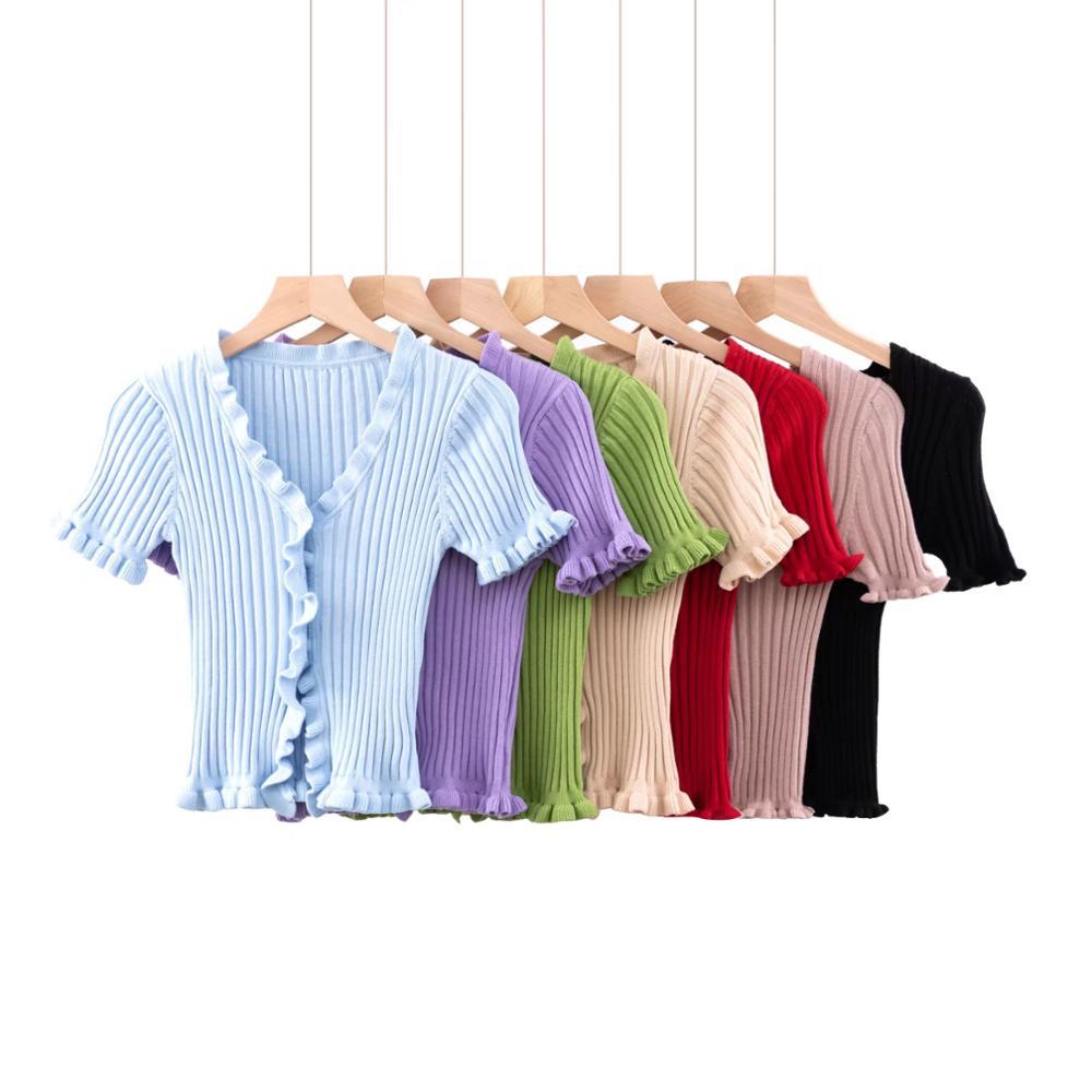 Korea Sexy Wood ears 4pcs Open Buttons V neck Short sleeve Tee Croptop Women Knitted Tight t shirt Front Slit Crop Tops Knitwear 210429