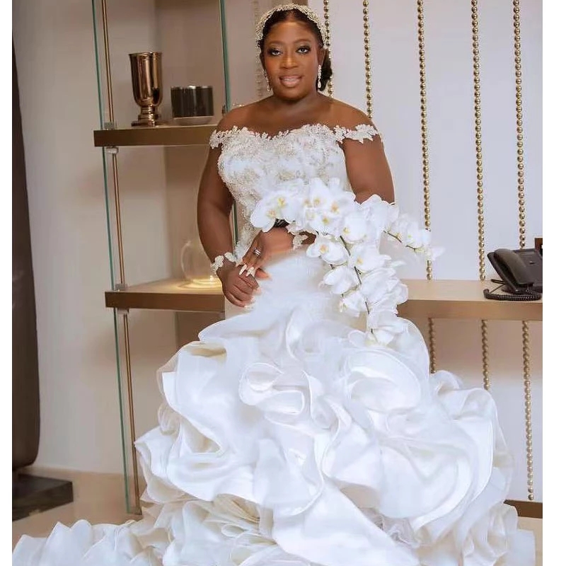 Elegant 2021 Mermaid Ruffles Princess Wedding Gowns Plus Size Crystal Vestido De Noiva Custom Made Bridal Dresses 0431