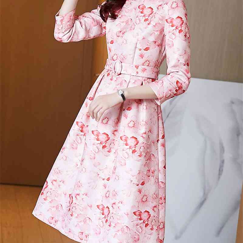 Women's Spring Runway Elegant Pink Dress Fashion O-Neck 3/4 Sleeve Print Slim Retro Dresses Vestdios 210519