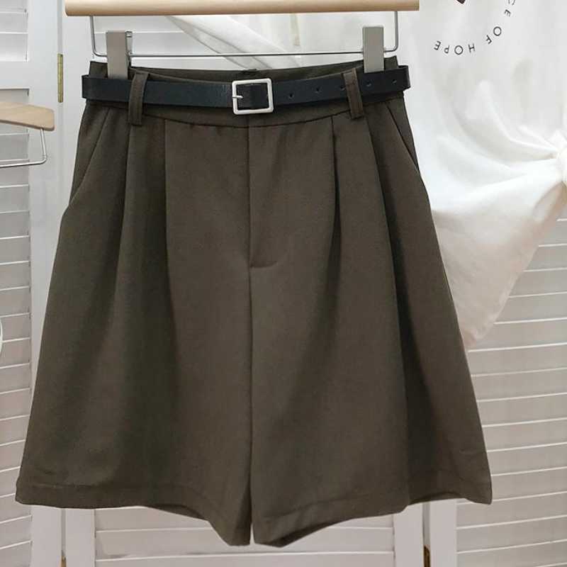 Summer Suit Shorts for Women Korean Belt High Waist Bottoms Causal Solid Wide Leg Short Feminimos 6J050 210603