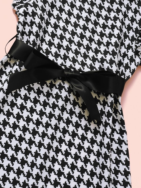 Toddler Girls Ruffle Trim Belted Houndstooth Dress SHE