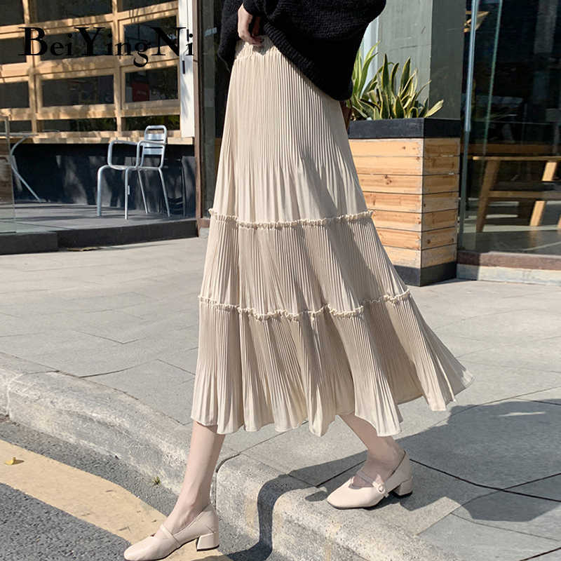 Beiyingni Pleated Skirt Women Vintage Casual Chiffon Shift Long High Waist Skirts Womens Patchwork Midi Saia Black White Faldas 210619