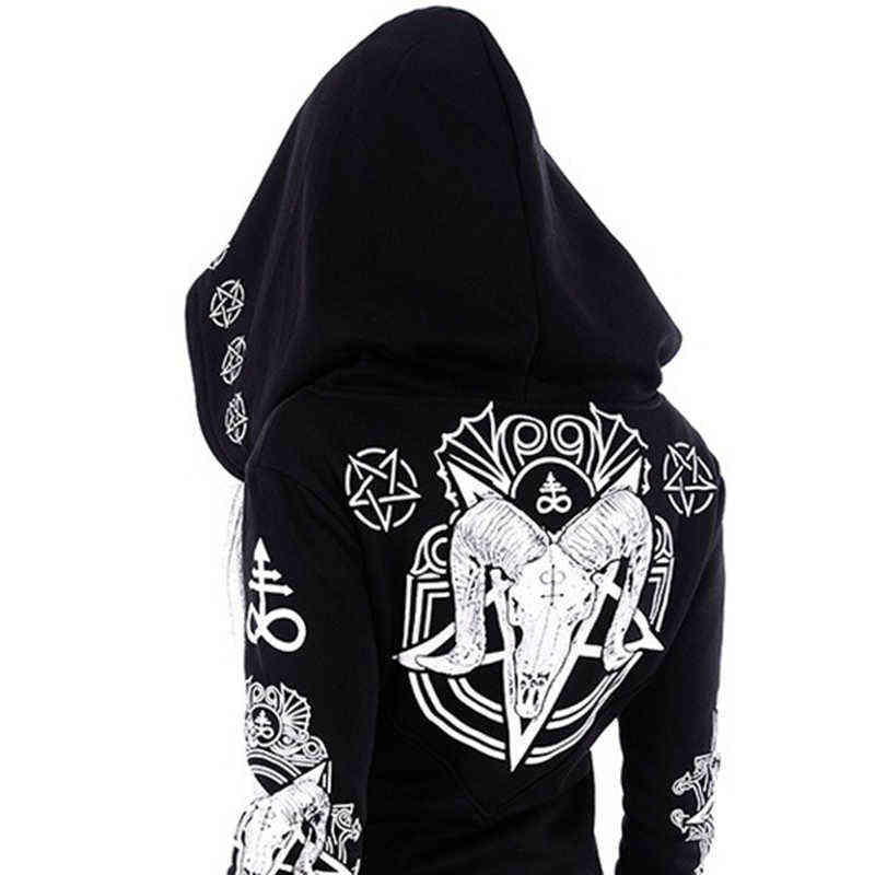 5XL Gothic Punk Print Hoodies Sweatshirts Women Long Sleeve Black Jacket Zipper Coat Autumn Winter Female Casual Hooded Tops 211108