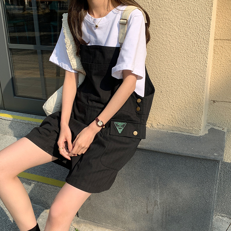 SML Summer korean preppy style Black Jumpsuit Denim Overalls Loose Casual Girls Beige Jeans Shorts womens (72852) 210423