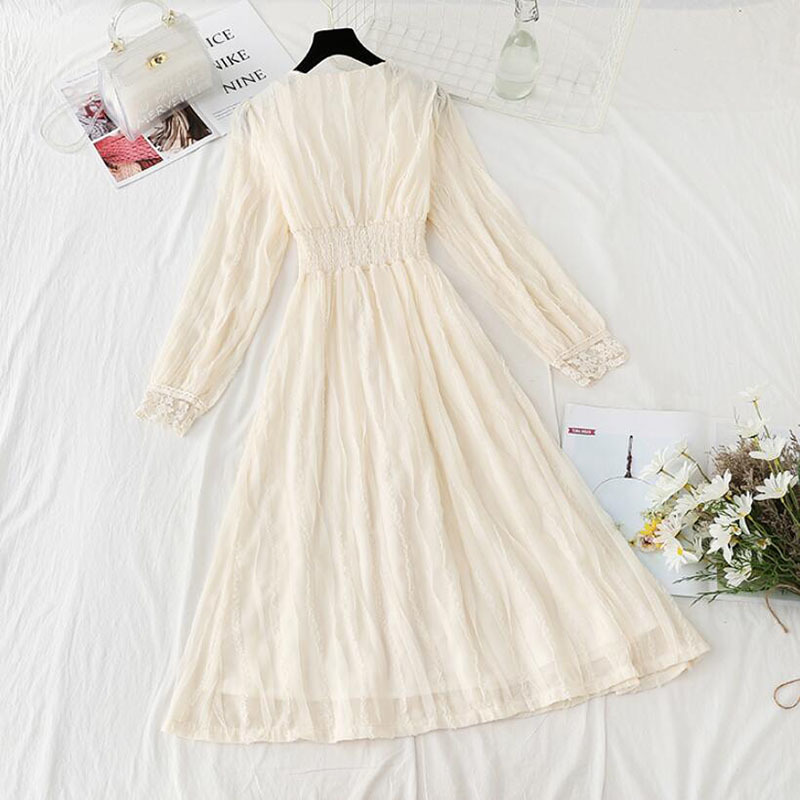 Women V-neck Lace Dress Autumn Elegant A-Line Slim Single-Breasted Vestidos Elastic waist Mesh Mid-calf Dress 210521